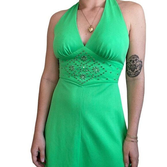 Vintage 1970s Womens Retro MidMod Lime Green Halter Prom Dress Evening Gown Sz M - Picture 2 of 10